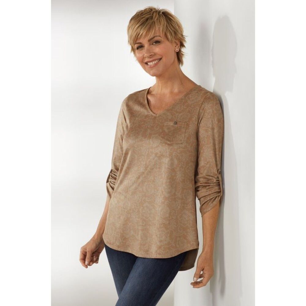 Soft Surroundings Top Size Small Printed Ultra Soft Faux‎ Suede V-Neck Pocket